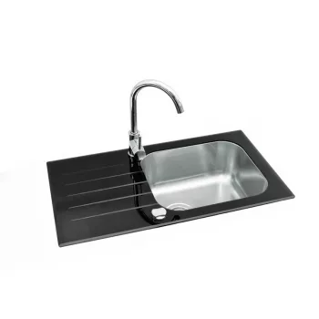 GLAM 20 Granital granito kompozito virtuvės kriauklės komplektas su juodu maišytuvu, vieno dubens, reversinis, 580x480 mm