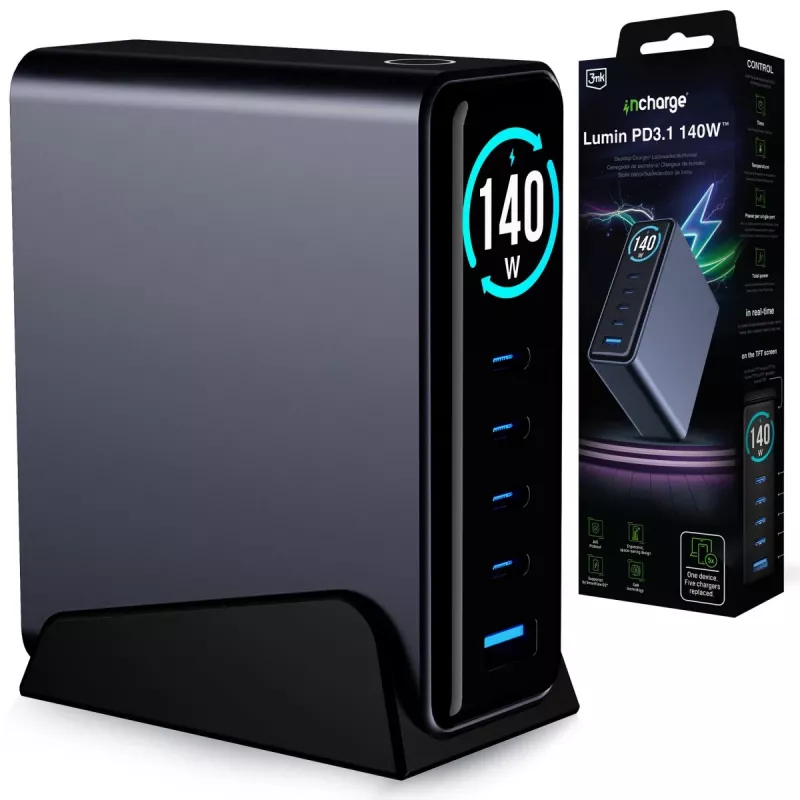 3mk InCharge Desktop Charger Lumin PD3.2 140W QC5 PPS AFC FCP SCP 1A4C TFT GaN3 Display Black