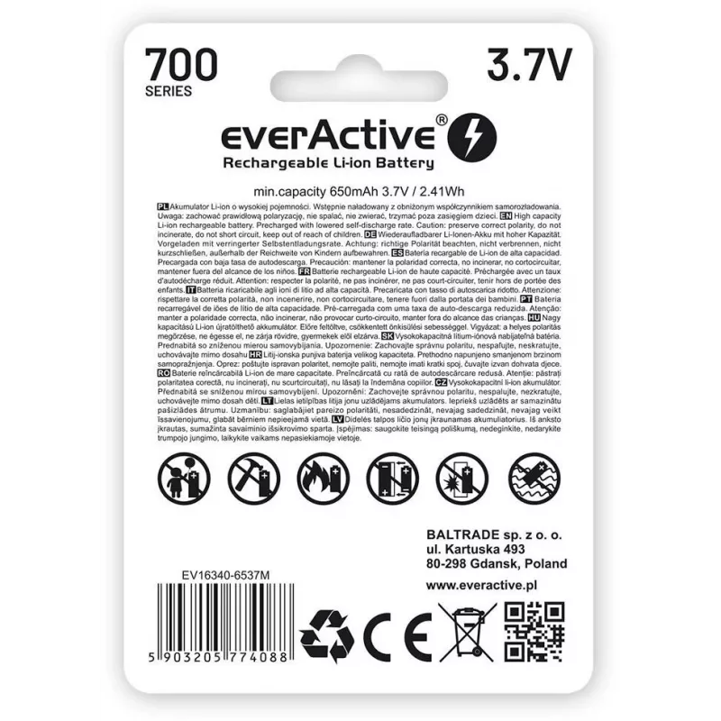 EVERACTIVE 16340 3.7V 700mAh Įkraunama Li-ion Baterija su Apsaugos Grandine (1 Vnt.)