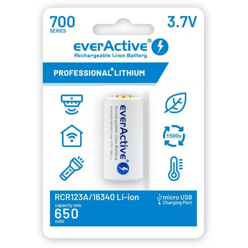 EVERACTIVE 16340 3.7V 700mAh Įkraunama Li-ion Baterija su Apsaugos Grandine (1 Vnt.)