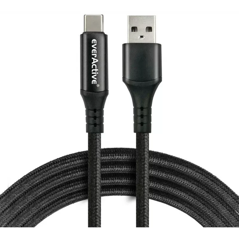 EVERACTIVE USB-A į USB-C laidas su LCD ekranu, 2m, 3A, 60W PD, pintas nailonas, juodas