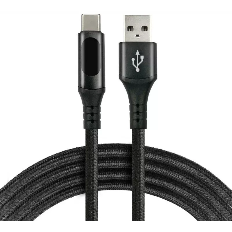 EVERACTIVE USB-A į USB-C laidas su LCD ekranu, 2m, 3A, 60W PD, pintas nailonas, juodas