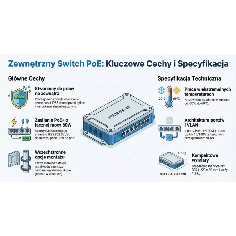 GETFORT GF-410-FU-PO Lauko PoE jungiklis: 4 PoE prievadai + 1 UpLink, 65W, IP65
