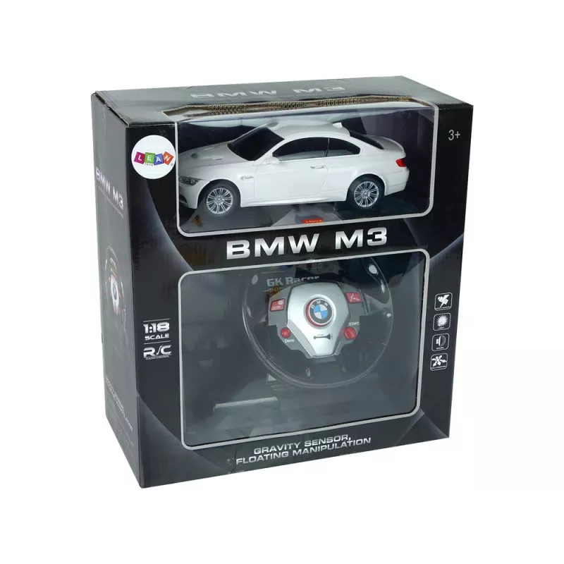 LEAN TOYS BMW M3 baltas 1:18 RC automobilis su vairo pultu, garsu ir šviesomis