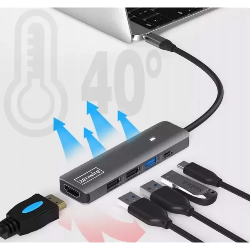 ZENWIRE BS-HC703 USB-C 7-in-1 Hub Adapter su HDMI 4K, USB 3.0, SD kortelių skaitytuvu, Power Delivery 100W, kosminė pilka