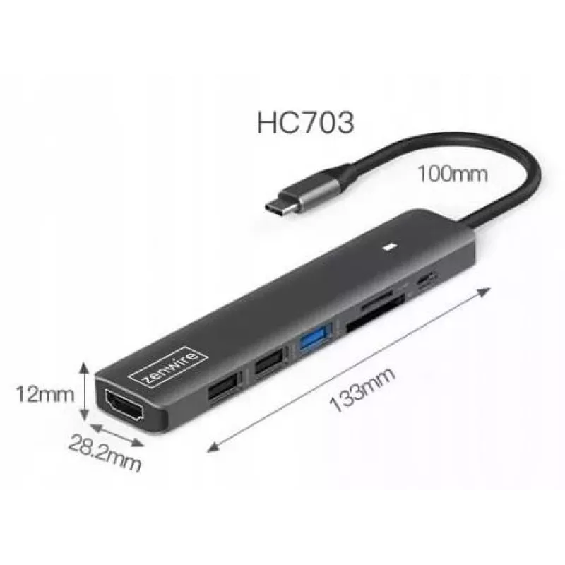 ZENWIRE BS-HC703 USB-C 7-in-1 Hub Adapter su HDMI 4K, USB 3.0, SD kortelių skaitytuvu, Power Delivery 100W, kosminė pilka