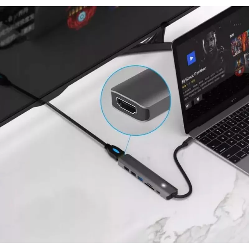ZENWIRE BS-HC703 USB-C 7-in-1 Hub Adapter su HDMI 4K, USB 3.0, SD kortelių skaitytuvu, Power Delivery 100W, kosminė pilka