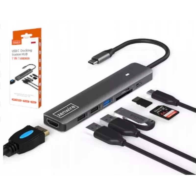 ZENWIRE BS-HC703 USB-C 7-in-1 Hub Adapter su HDMI 4K, USB 3.0, SD kortelių skaitytuvu, Power Delivery 100W, kosminė pilka