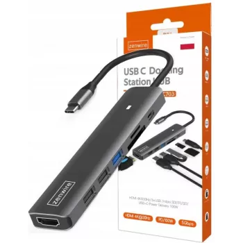 ZENWIRE BS-HC703 USB-C 7-in-1 Hub Adapter su HDMI 4K, USB 3.0, SD kortelių skaitytuvu, Power Delivery 100W, kosminė pilka