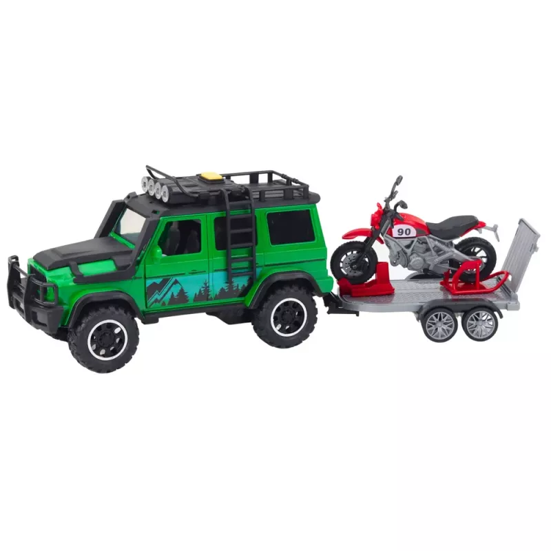 LEAN TOYS Visureigių transporto priemonių rinkinys su vilkiku ir motociklu, šviesomis ir garsais, žalias