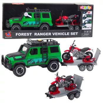 LEAN TOYS Visureigių transporto priemonių rinkinys su vilkiku ir motociklu, šviesomis ir garsais, žalias