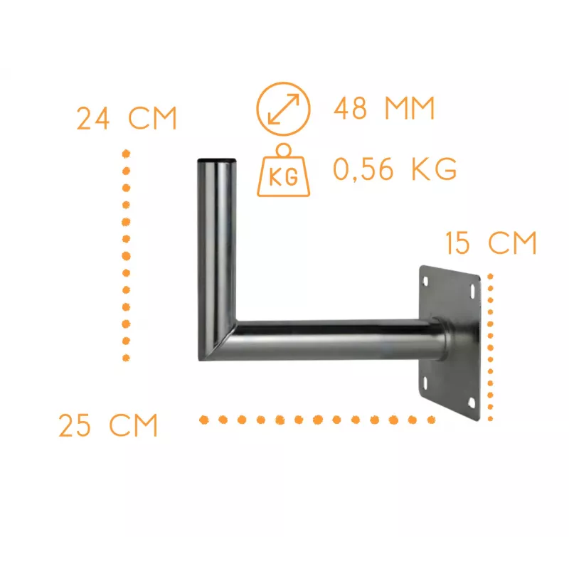 CORAB USL-48/250AL Aliumininis kampinis sieninis laikiklis 48 mm stulpui, 250 mm iškyša, sidabrinis