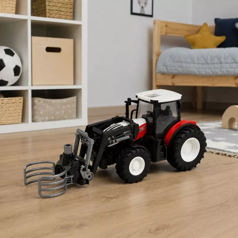 LEAN TOYS RC Red Remote Controlled Agricultural Tractor with Bale Gripper 1:24