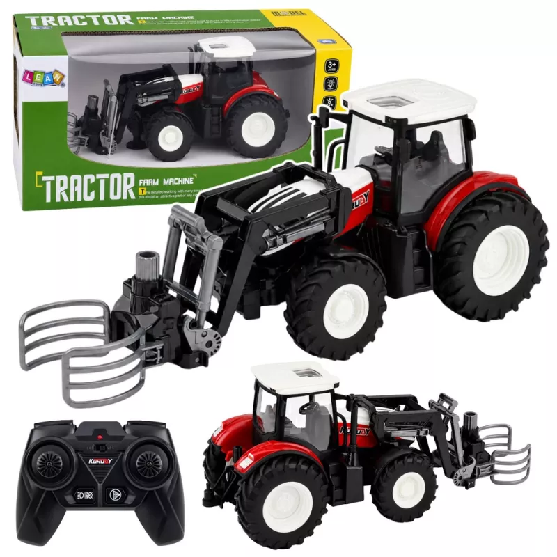 LEAN TOYS RC Red Remote Controlled Agricultural Tractor with Bale Gripper 1:24