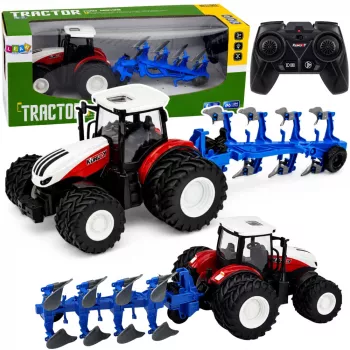 LEAN TOYS RC valdomas žemės ūkio traktorius su dvigubu plūgu Raudonas 1:24