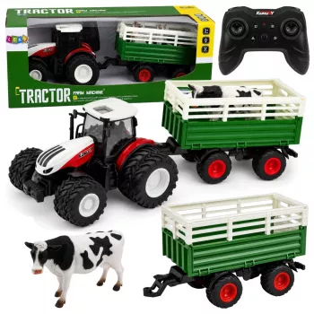 LEAN TOYS nuotoliniu valdymu ūkio traktorius su priekaba ir karvės figūrėle 1:24