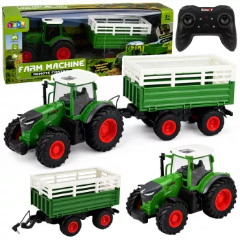 LEAN TOYS nuotoliniu valdymu valdomas žemės ūkio traktorius su savivarčio priekaba ir žibintais 1:24