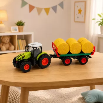 LEAN TOYS nuotoliniu valdymu valdomas ūkio traktorius su šieno rulių priekaba ir šviesomis 1:24