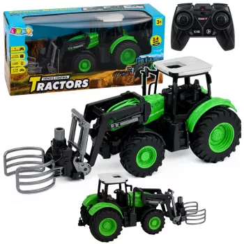 LEAN TOYS RC Traktorius su Šieno Ryšulių Griebtuvu Nuotoliniu Valdymu Šviesomis Žalias 1:24