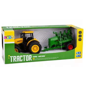 LEAN TOYS Žemės ūkio traktorius su sėjamąja ir kultivatoriumi, šviesos ir garso efektai, geltonas, 1:24