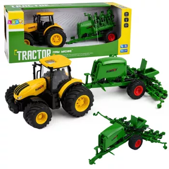 LEAN TOYS Žemės ūkio traktorius su sėjamąja ir kultivatoriumi, šviesos ir garso efektai, geltonas, 1:24