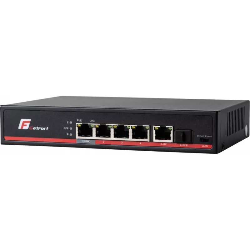 GETFORT GF-106-4PG-S-65 5-Port Gigabit PoE+ Switch (4 PoE+ Portai, 65W, 1 SFP) Darbalaukiui / Sieniniam Montavimui