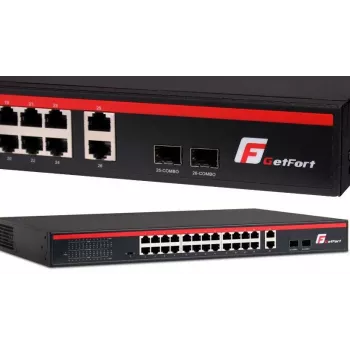 GETFORT GF-226G-24P-250 Unmanaged PoE+ Switch, 24x 10/100Mbps PoE+ Portų, 2x Gigabit RJ45, 2x SFP, 250W, Rackmount