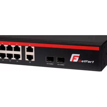 GETFORT GF-226G-24P-250 Unmanaged PoE+ Switch, 24x 10/100Mbps PoE+ Portų, 2x Gigabit RJ45, 2x SFP, 250W, Rackmount