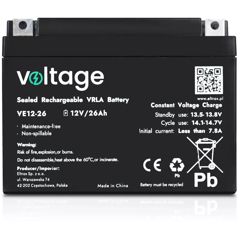 VOLTAGE AGM akumuliatorius 12V 26Ah VE12-26 (6-9 metų tarnavimo laikas)