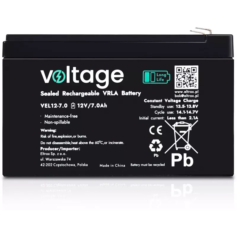 Voltage Long Life AGM baterija 12V 7Ah VEL12-7.0 (15 metų eksploatacijos trukmė)