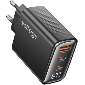 “Voltage GaN Charger 67W PD 3.0 QC 4.0 USB-A 2x USB-C Digital Display Black”