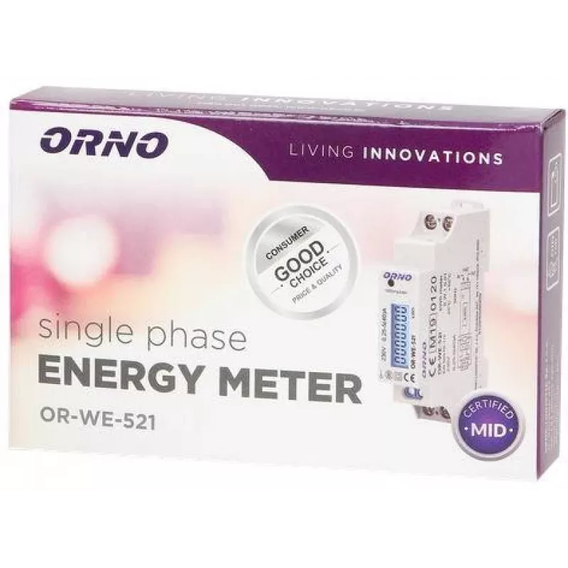 ORNO OR-WE-521 Vienfazis elektros skaitiklis 230V 40A DIN bėgelis LCD foninis apšvietimas