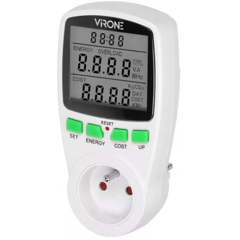 VIRONE EM-4 Vienfazis Elektros Energijos Skaitiklis su LCD Ekranu, 16A, 3680W, Schuko Kištukas
