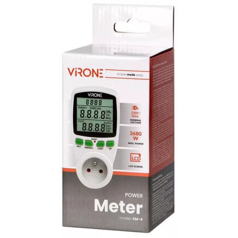 VIRONE EM-4 Vienfazis Elektros Energijos Skaitiklis su LCD Ekranu, 16A, 3680W, Schuko Kištukas