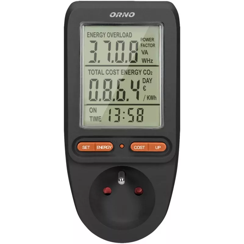 ORNO OR-WAT-435/B Energijos skaitiklis ir elektros sąnaudų skaičiuotuvas, 230V, 16A, LCD ekranas, juoda