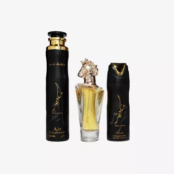 Lattafa Maahir Black Edition Eau de Parfum dovanų rinkinys - 100ml EDP purškalas + 200ml kvepiantis purškalas + 300ml oro gaiviklis