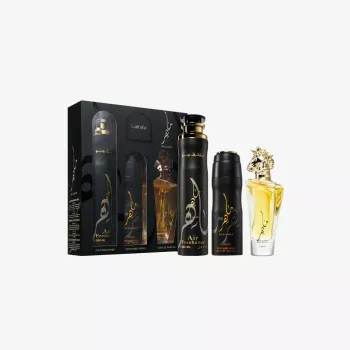 Lattafa Maahir Black Edition Eau de Parfum dovanų rinkinys - 100ml EDP purškalas + 200ml kvepiantis purškalas + 300ml oro gaiviklis