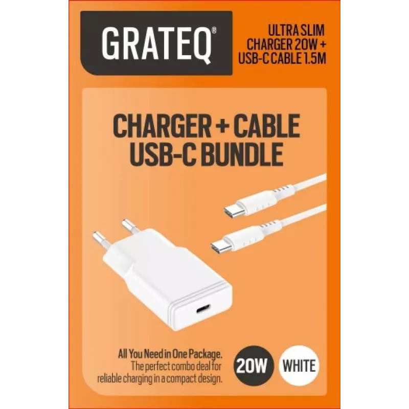 GRATEQ TAHKO 20W USB-C PD Sieninis Įkroviklis su 1,5 m USB-C – Lightning Kabeliu, Baltas
