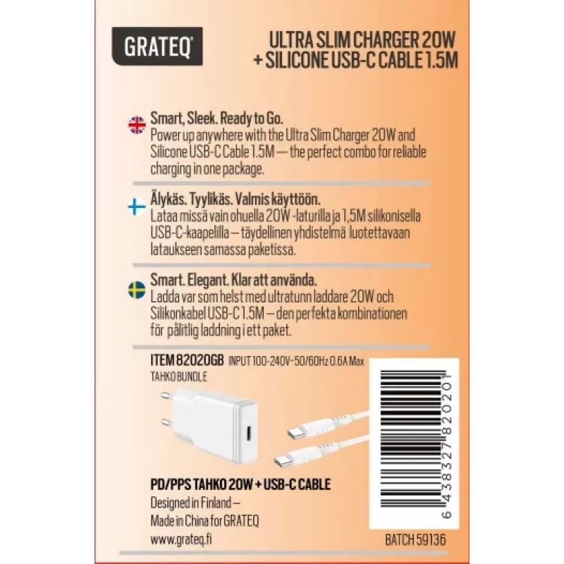GRATEQ TAHKO 20W USB-C PD Sieninis Įkroviklis su 1,5 m USB-C – Lightning Kabeliu, Baltas