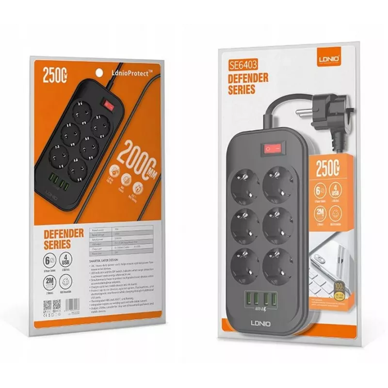LDNIO SE6403 elektros skirstytuvas, 6 lizdai + 4 USB