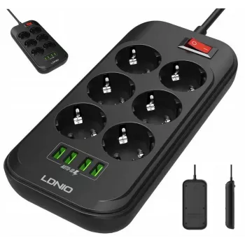 LDNIO SE6403 Power Strip 6 Outlets + 4 USB Charging Ports, 2m Cable, 2500W, White