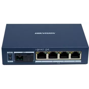 Hikvision DS-3D504TP-A nevaldomas pramoninis PoE jungiklis, 4 PoE+ prievadai, 1 SFP kanalas, 60W biudžetas