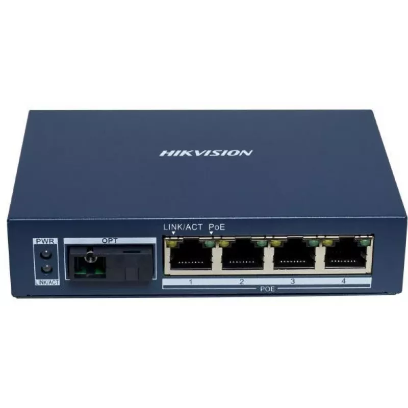 Hikvision DS-3D504TP-A nevaldomas pramoninis PoE jungiklis, 4 PoE+ prievadai, 1 SFP kanalas, 60W biudžetas