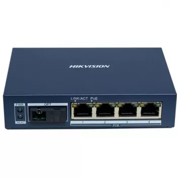 Hikvision DS-3D504TP-A nevaldomas pramoninis PoE jungiklis, 4 PoE+ prievadai, 1 SFP kanalas, 60W biudžetas