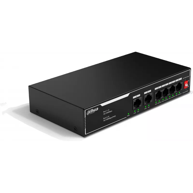 DAHUA SF1006LP Unmanaged PoE Switch, 6-Port, 4 PoE Ports, 36W Budget, Desktop