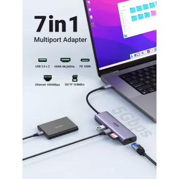 UGREEN 60515 7 viename USB-C šakotuvas, 4K 60Hz HDMI, Ethernet, 100 W PD, pilkas