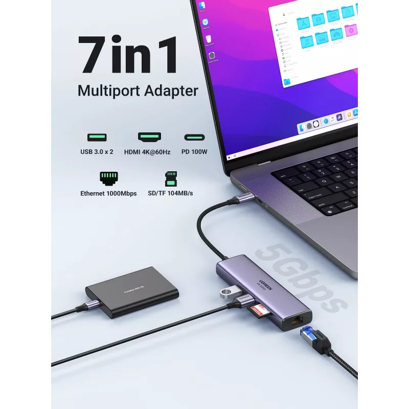 UGREEN 60515 7 viename USB-C šakotuvas, 4K 60Hz HDMI, Ethernet, 100 W PD, pilkas