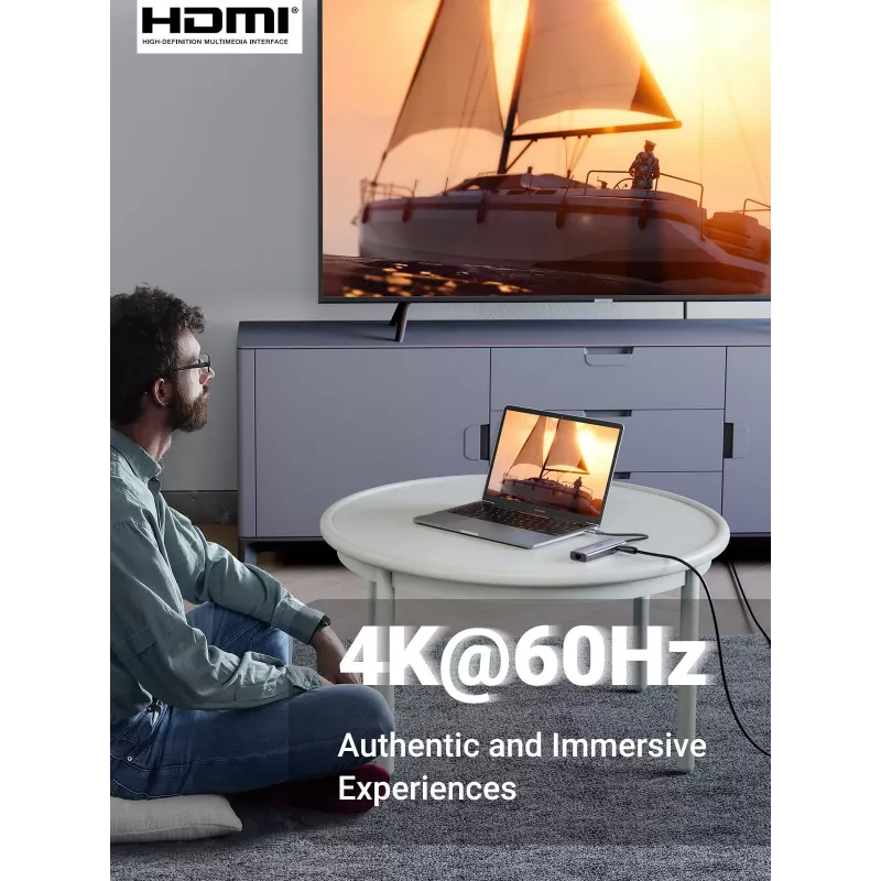 UGREEN 60515 7 viename USB-C šakotuvas, 4K 60Hz HDMI, Ethernet, 100 W PD, pilkas