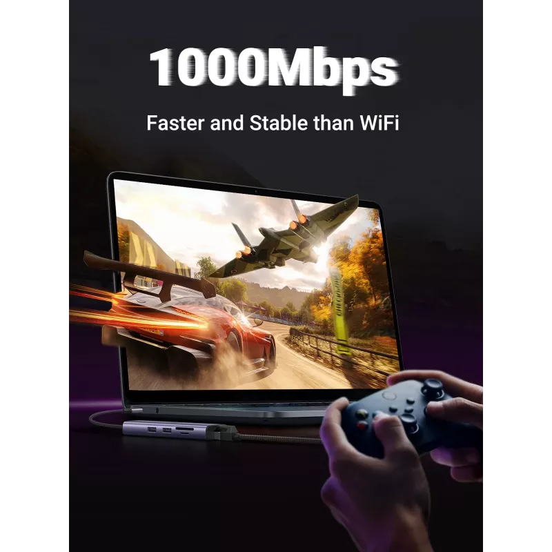 UGREEN 60515 7 viename USB-C šakotuvas, 4K 60Hz HDMI, Ethernet, 100 W PD, pilkas
