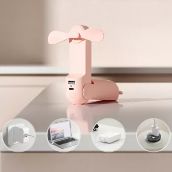 Jisulife Life8 Nešiojamas Ventiliatorius USB su Power Bank 2000mAh ir Žibintuvėliu - Rožinis